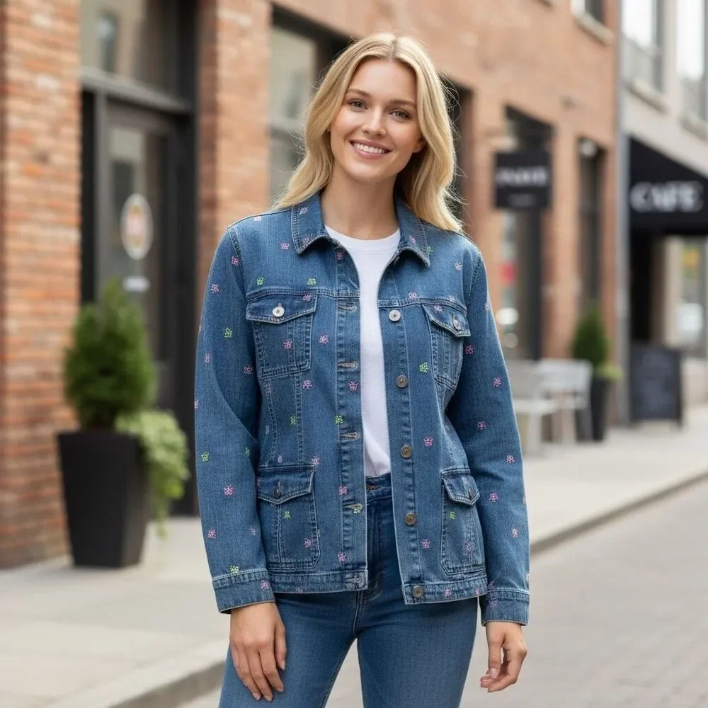 Vintage ALFRED DUNNER Denim Jacket Size 12‎ Blue 80s Embroidered Butterfly Cute!
